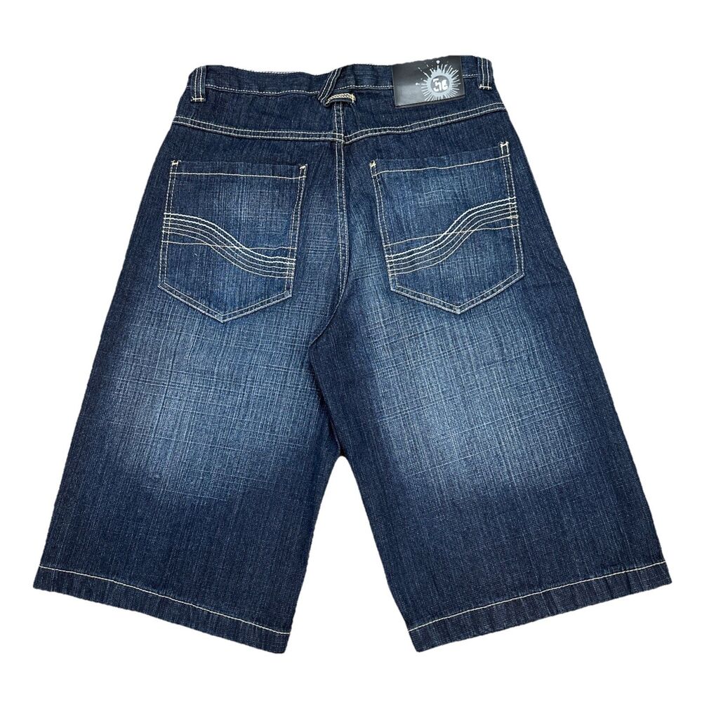 Y2K Five Elementz Jean Shorts 34 Navy Denim Faded Baggy Wide Leg Skater Hip Hop